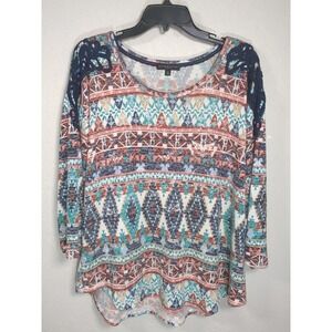 Signature Studio Plus Size 2X Colorful Southwestern Blouse Crochet Accent